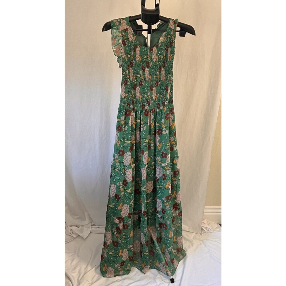 Melloday Green Floral Smocked Maxi Dress - Tiered Ruffle Chiffon large
